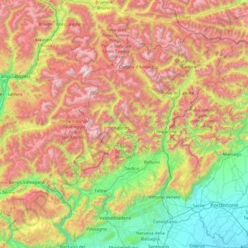 Mapa topográfico Dolomites, altitude, relevo