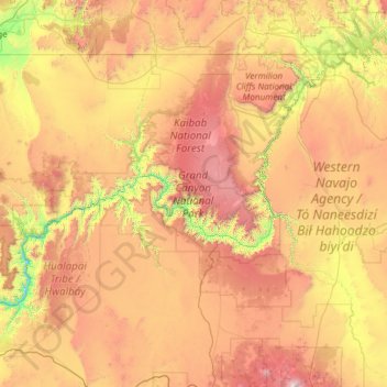 Mapa topográfico Grand Canyon National Park, altitude, relevo