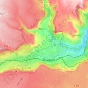 Mapa topográfico Neussargues-Moissac, altitude, relevo