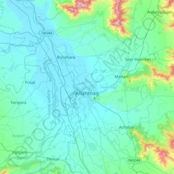 Mapa topográfico Anantnag, altitude, relevo