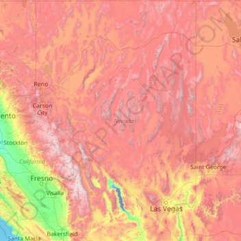 Mapa topográfico Nevada, altitude, relevo