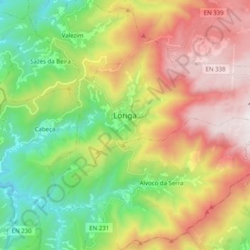 Mapa topográfico Loriga, altitude, relevo