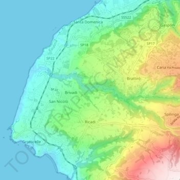 Mapa topográfico Ricadi, altitude, relevo