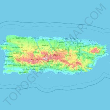 Mapa topográfico Puerto Rico, altitude, relevo