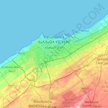 Mapa topográfico Casablanca ⵜⵉⴳⵎⵉ ⵜⵓⵎⵍⵉⵍⵜ الدار البيضاء, altitude, relevo