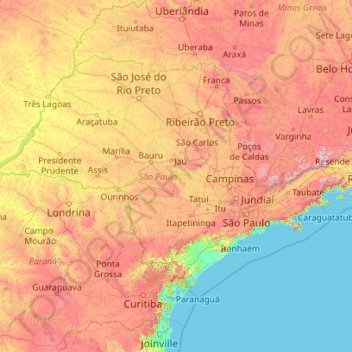Mapa topográfico São Paulo, altitude, relevo