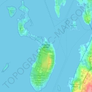 Mapa topográfico Prudence Island, altitude, relevo