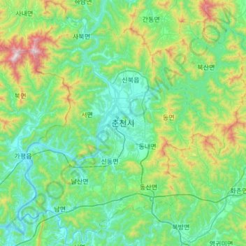 Mapa topográfico Chuncheon-si, altitude, relevo