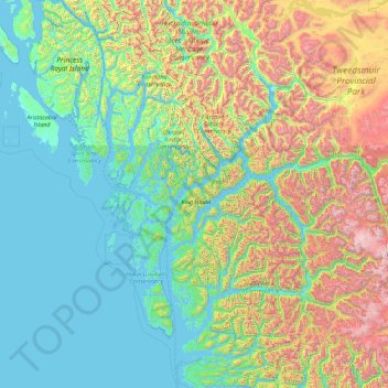 Mapa topográfico Area A (Ocean Falls/Outer Coast), altitude, relevo