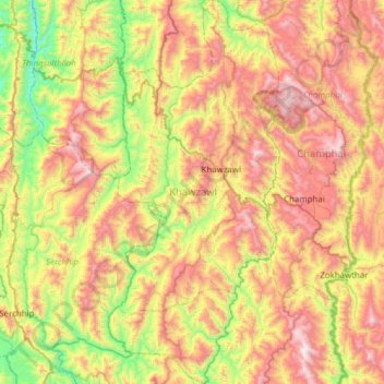 Mapa topográfico Khawzawl, altitude, relevo