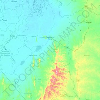 Mapa topográfico Ciénaga de Oro, altitude, relevo