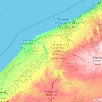 Mapa topográfico Casablanca-Settat ⵜⵉⴳⵎⵉ ⵜⵓⵎⵍⵉⵍⵜ-ⵙⵟⵟⴰⵜ الدار البيضاء-سطات, altitude, relevo