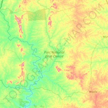 Mapa topográfico Parc National de la Comoé, altitude, relevo