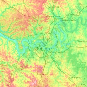 Mapa topográfico Nashville-Davidson, altitude, relevo