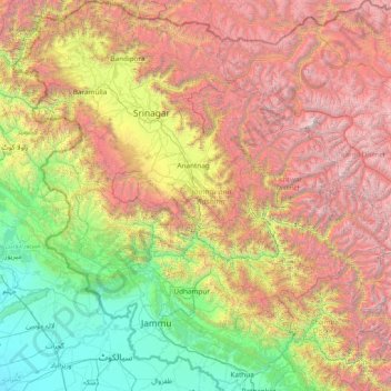 Mapa topográfico Jammu and Kashmir, altitude, relevo
