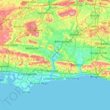 Mapa topográfico West Sussex, altitude, relevo