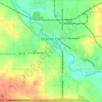 Mapa topográfico Charles City, altitude, relevo