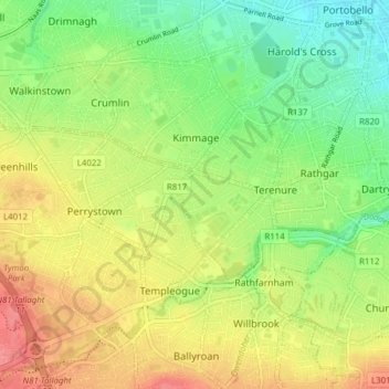 Mapa topográfico Dublin 6W, altitude, relevo
