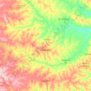 Mapa topográfico Dourados, altitude, relevo