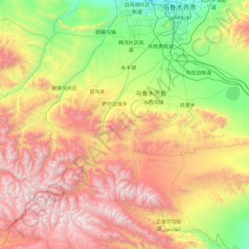 Mapa topográfico 乌鲁木齐县, altitude, relevo