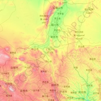 Mapa topográfico Ningxia, altitude, relevo