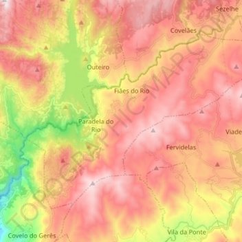 Mapa topográfico Paradela, Contim e Fiães, altitude, relevo