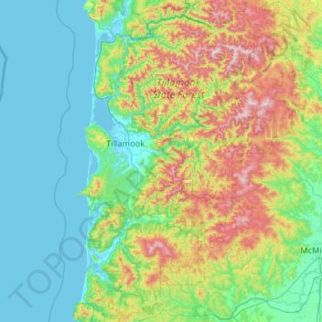 Mapa topográfico Tillamook County, altitude, relevo