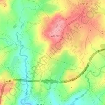Mapa topográfico Varziela, altitude, relevo