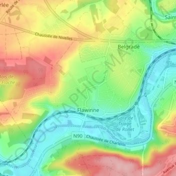 Mapa topográfico Flawinne, altitude, relevo