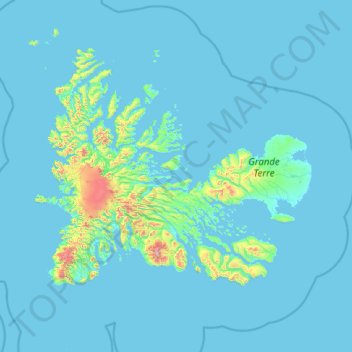 Mapa topográfico Îles Kerguelen, altitude, relevo