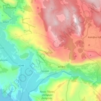 Mapa topográfico Δημοτική Ενότητα Δελφών, altitude, relevo