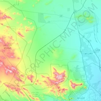 Mapa topográfico دهستان برخوار غربی, altitude, relevo