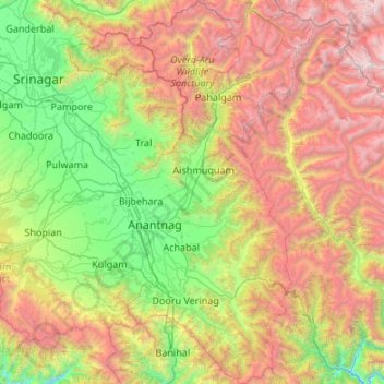 Mapa topográfico Anantnag district, altitude, relevo