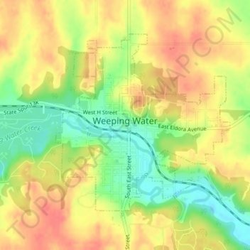 Mapa topográfico Weeping Water, altitude, relevo
