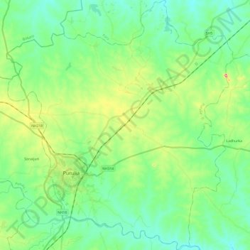 Mapa topográfico Purulia - II, altitude, relevo