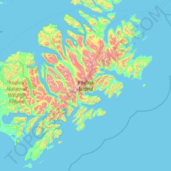 Mapa topográfico Kodiak Island, altitude, relevo