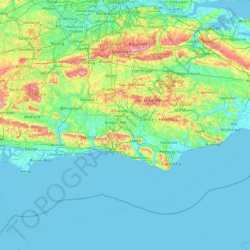 Mapa topográfico Sussex, altitude, relevo