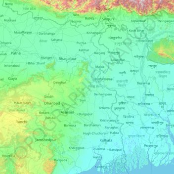 Mapa topográfico Bengala Ocidental, altitude, relevo