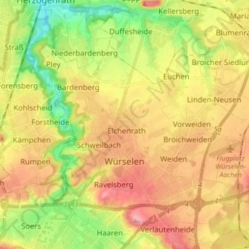 Mapa topográfico Würselen, altitude, relevo