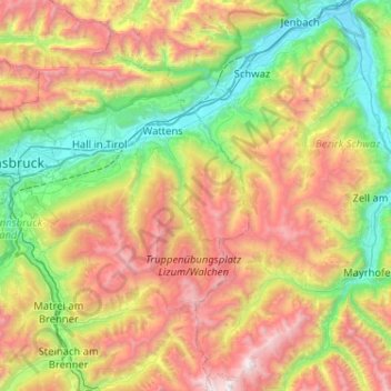 Mapa topográfico Tux Alps, altitude, relevo