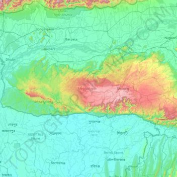 Mapa topográfico Meghalaya, altitude, relevo