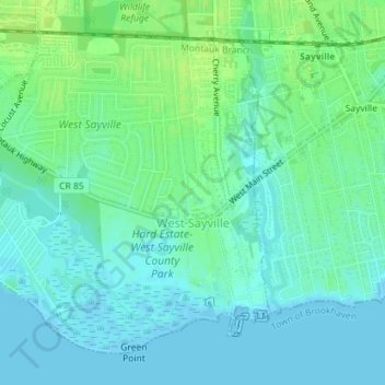 Mapa topográfico West Sayville, altitude, relevo