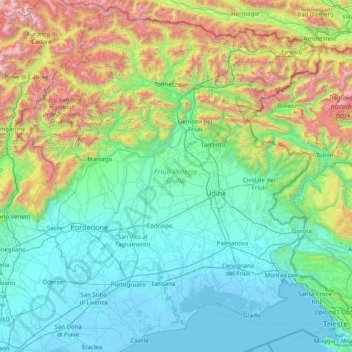 Mapa topográfico Friul-Veneza Júlia, altitude, relevo