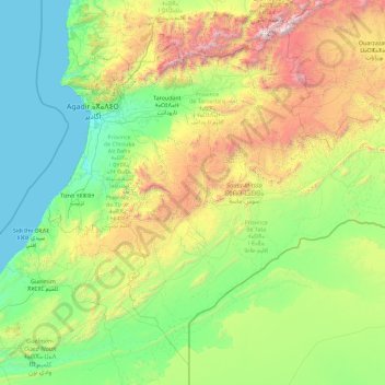 Mapa topográfico Souss-Massa ⵙⵓⵙⵙ-ⵎⴰⵙⵙⴰ سوس-ماسة, altitude, relevo