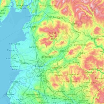 Mapa topográfico Lancashire, altitude, relevo