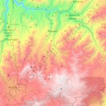 Mapa topográfico Buesaco, altitude, relevo