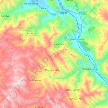 Mapa topográfico Huaro, altitude, relevo