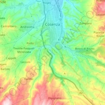 Mapa topográfico Cosenza, altitude, relevo