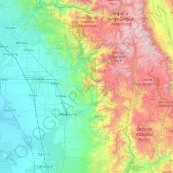 Mapa topográfico Tulare County, altitude, relevo
