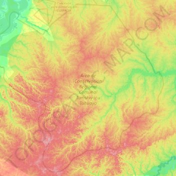 Mapa topográfico Área de Conservación Regional Comunal Tamshiyacu Tahuayo, altitude, relevo